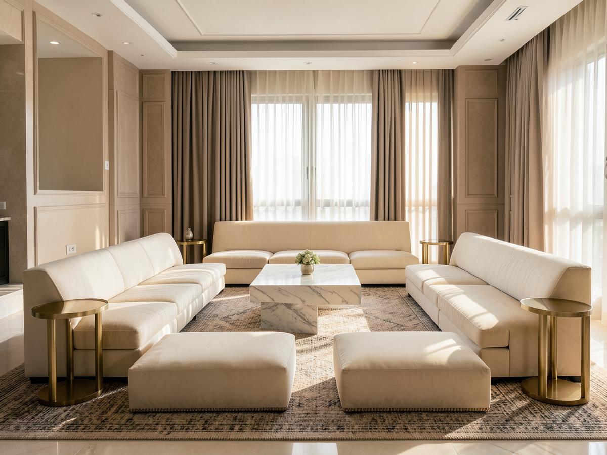 Arabic majlis seating rental with ivory floor cushions in Riyadh