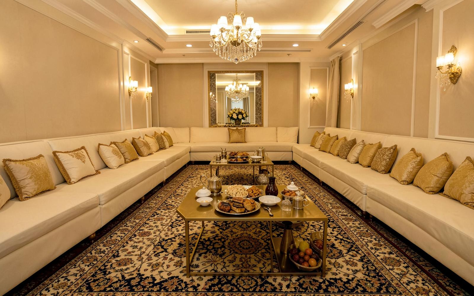 Complete luxury majlis setup rental with carpets and gold tables in Riyadh and Dammam