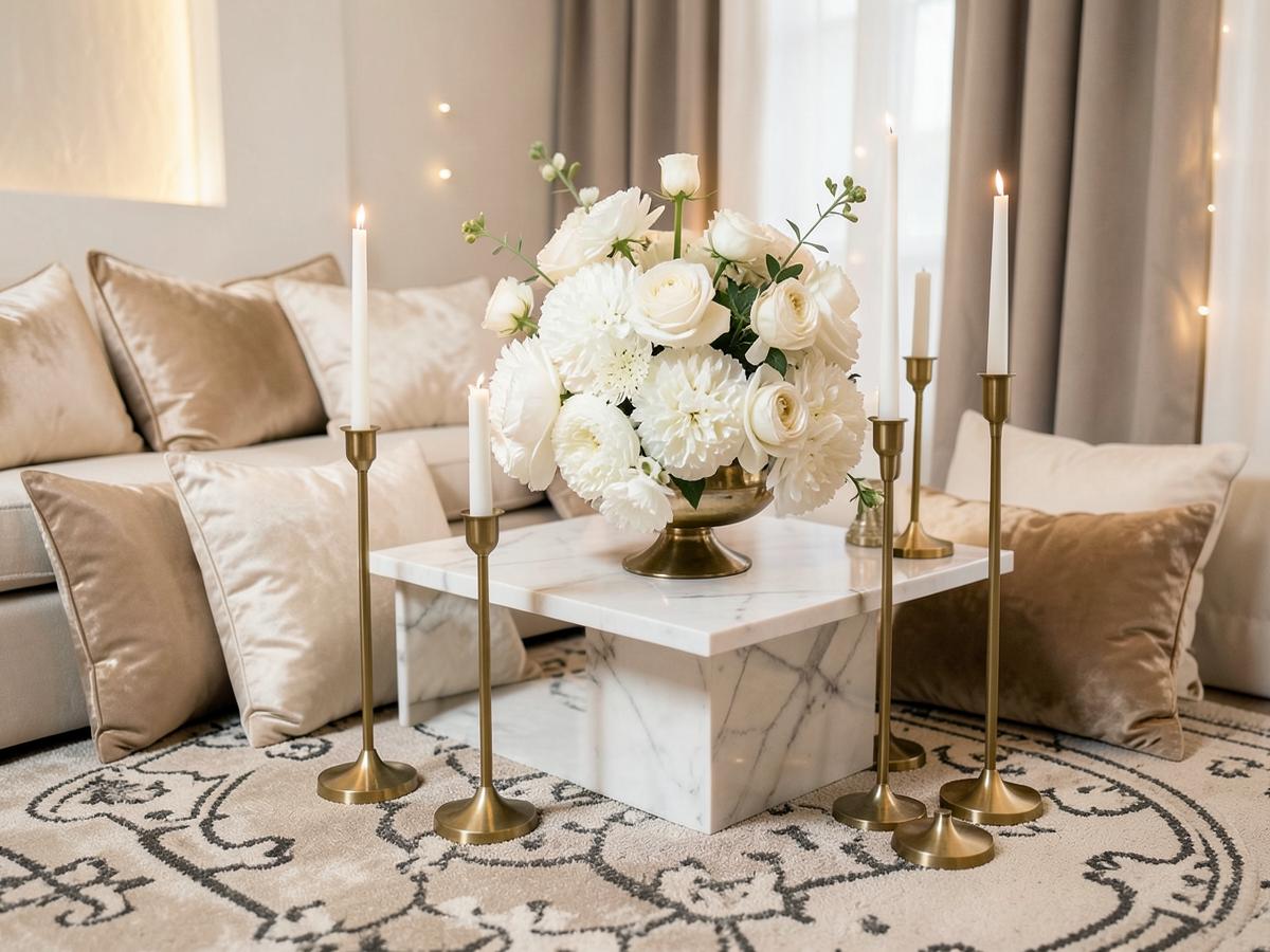 Event décor and accessories rental with brass candle holders and cushions in Saudi Arabia