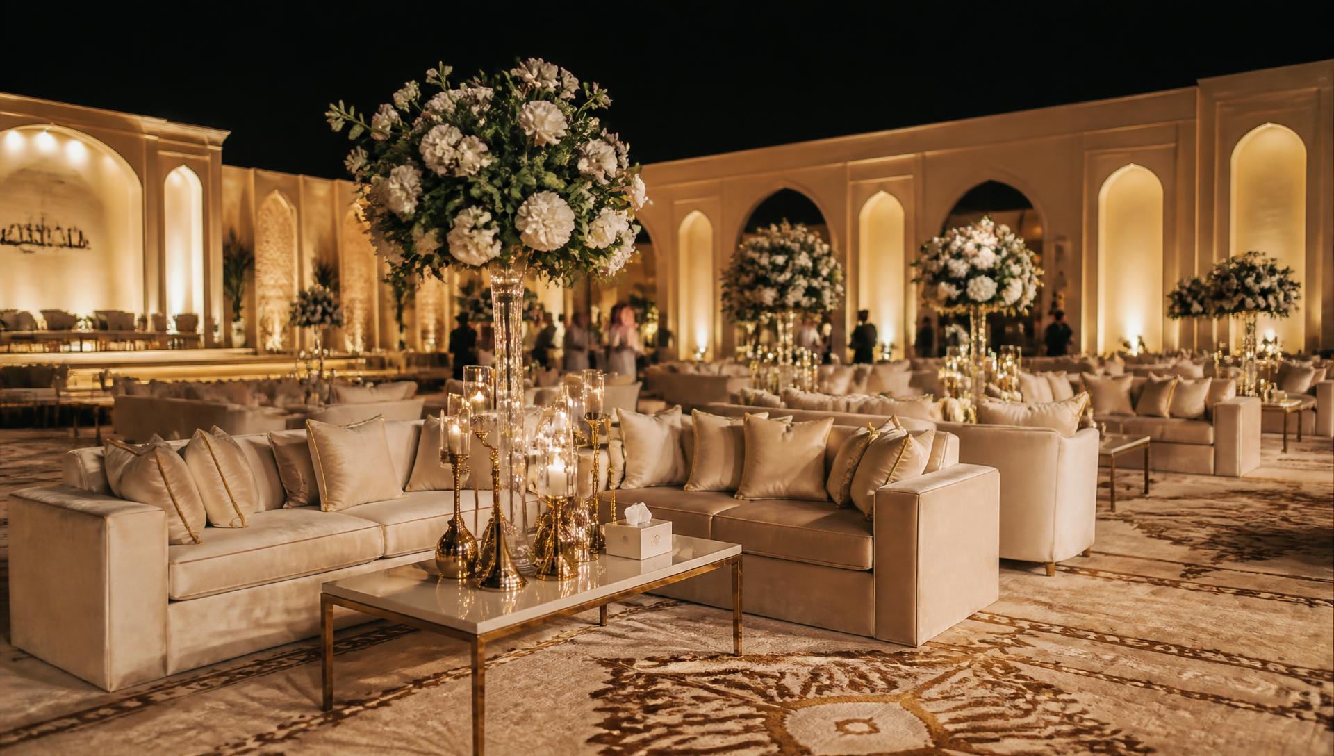 Luxury event furniture rental setup with majlis sofas and warm lighting in Saudi Arabia