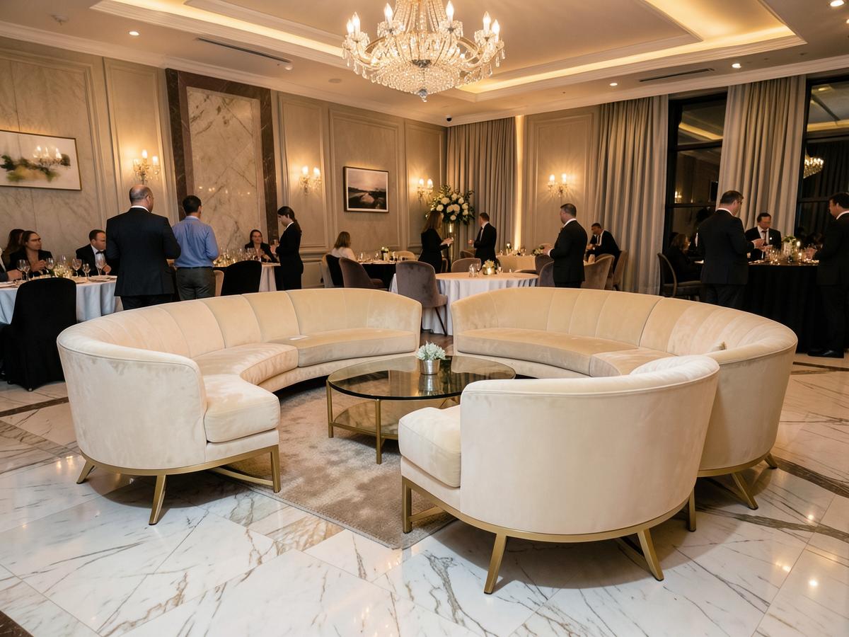 Luxury cream velvet sofa rental for events in Riyadh, Saudi Arabia